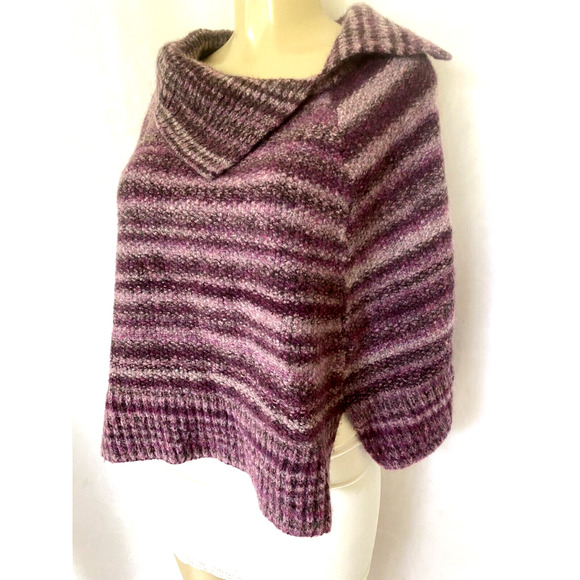 Ferruccio Vecchi Poncho Cape Purple Striped Knit Merino Wool Italy OS - Picture 5 of 7